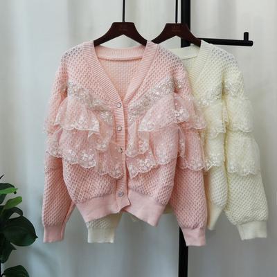 Automne et hiver nouveau cardigan tricoté en dentelle splicing lâche style doux et gentil veste pull pour femmes