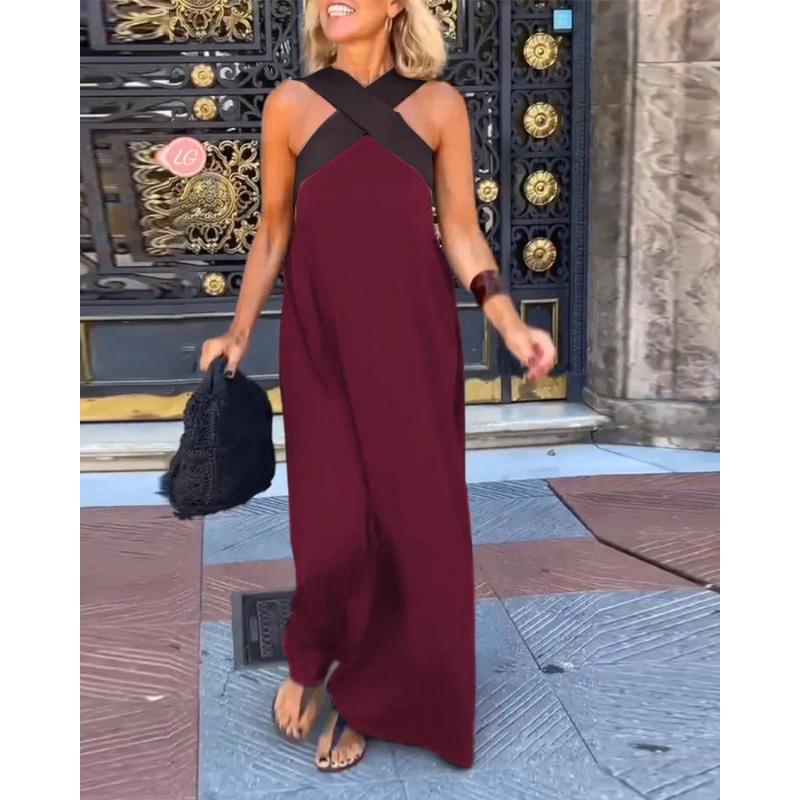 Summer Sleeveless Loose Casual Long Dress New Big Size Women A-line Cross Party Patchwork Dress Sweet Streetwear Sexy Clothing