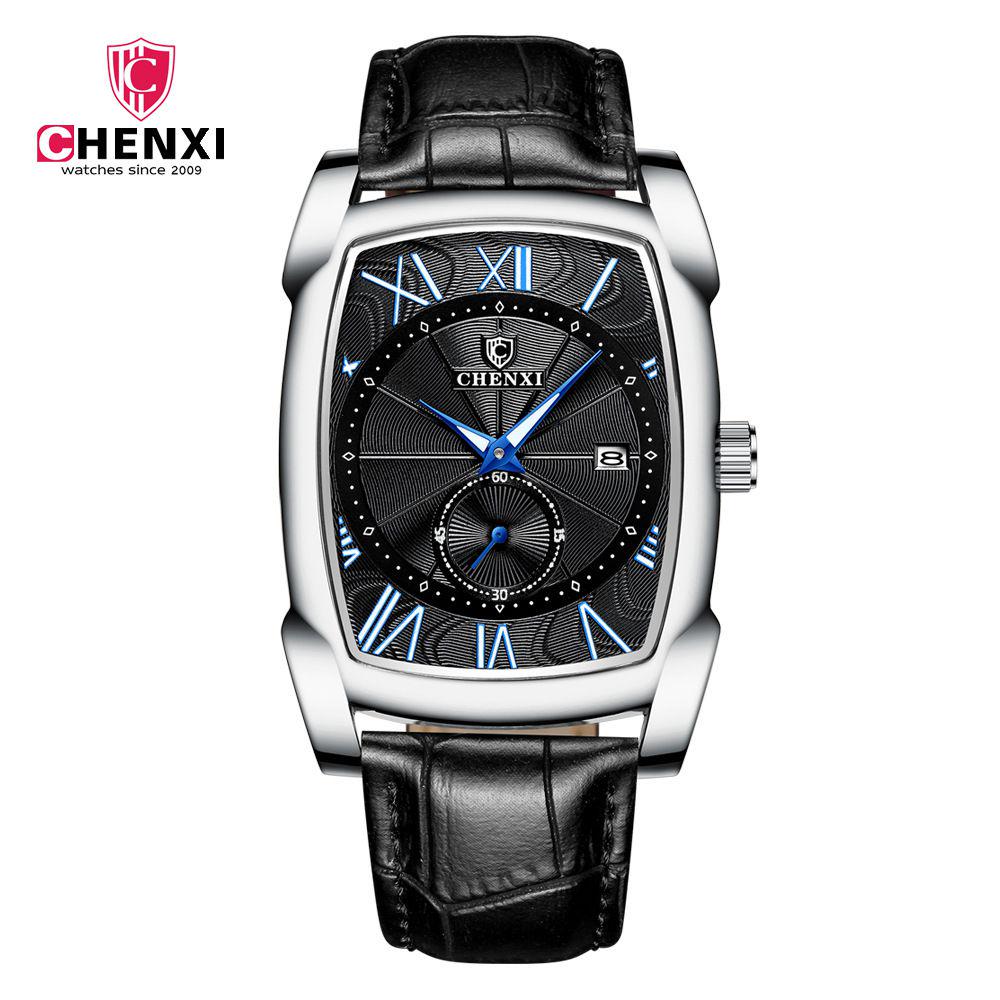 Luxury Retro Men Square Watches CHENXI Silver Waterproof Genuine Leather Men Watches Roman Numerals Stop Watch Calendar Unique