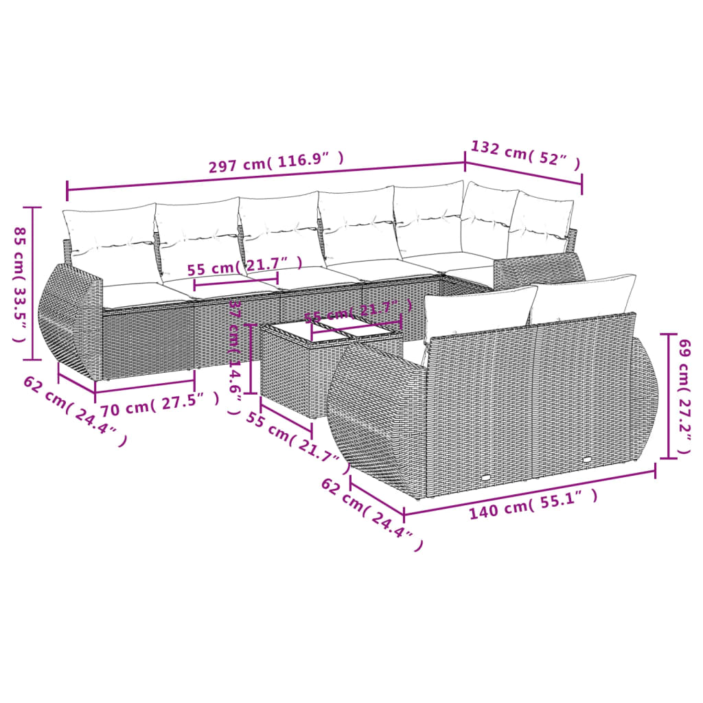 9-Cz. Garden Furniture Set With Cushions, Beige, Poly Rattan