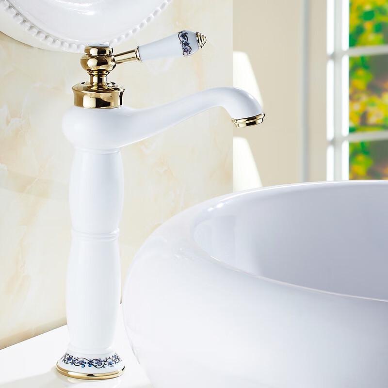 TLXT Platinum Blue & White Porcelain Tall Hot & Cold Basin Faucet