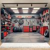 1 Stück 2D-Party-Hintergrund zum Thema Wartung aus Polyester, rote Werkzeugkiste in einer Garage, geeignet für mechanische Dekoration
