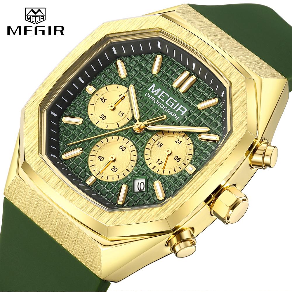 Megir Sport Watch Men Chronograph Quartz Wristwatch with Date Octagon Dial Luminous Hands Silicone Strap