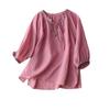 White Embroidery Three Quarter Sleeve V-Neck Pullover Loose Women's Blouse Shirt Casual Linen Female Clothing Tops Fashion