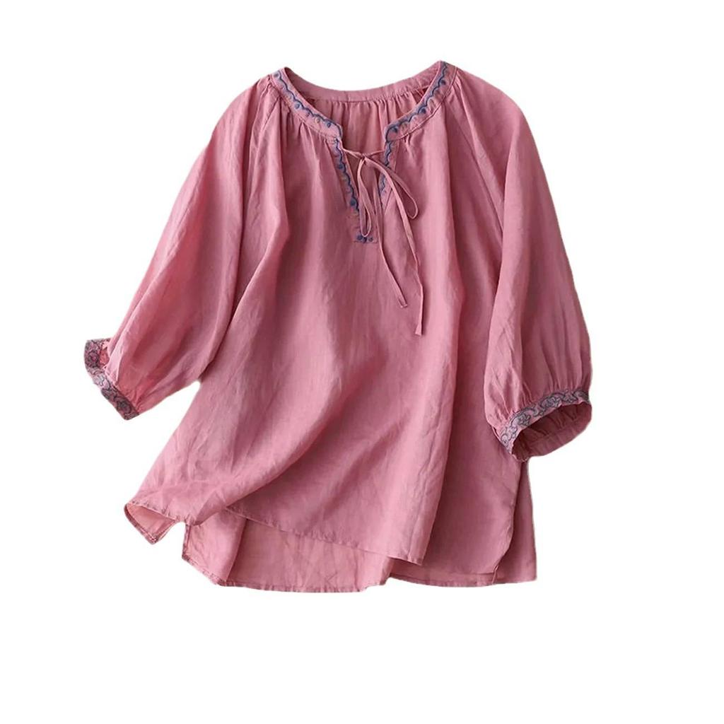 White Embroidery Three Quarter Sleeve V-Neck Pullover Loose Women's Blouse Shirt Casual Linen Female Clothing Tops Fashion