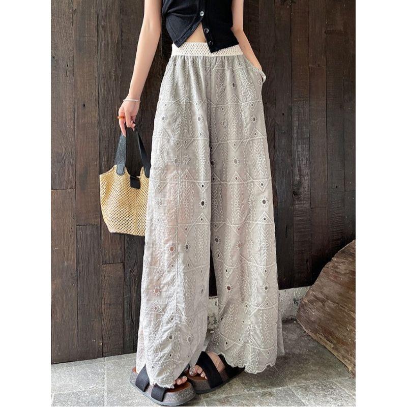 Korean Style Lady's Small New Heavy-Duty Embroidery Stitched Pattern Hollow Lace Straight Pocket Anti-Wrinkle Wide-Leg Cropped Pants