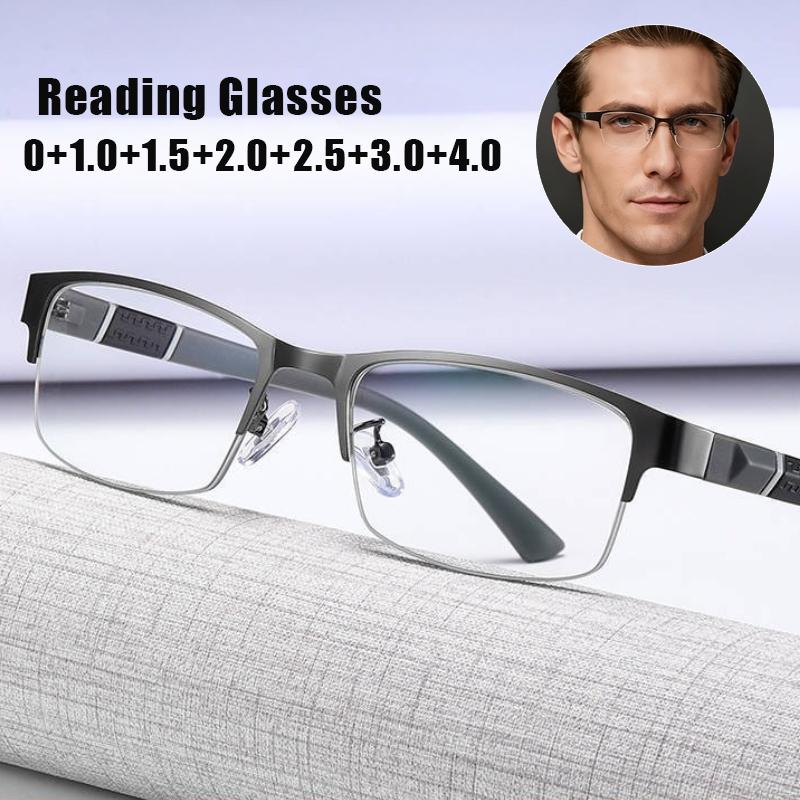 Men Half-Frame Anti Blue Presbyopia Glasses Small Square Frame Business Style Male Eyeglasses Classic Popular Metal Eyeglasses