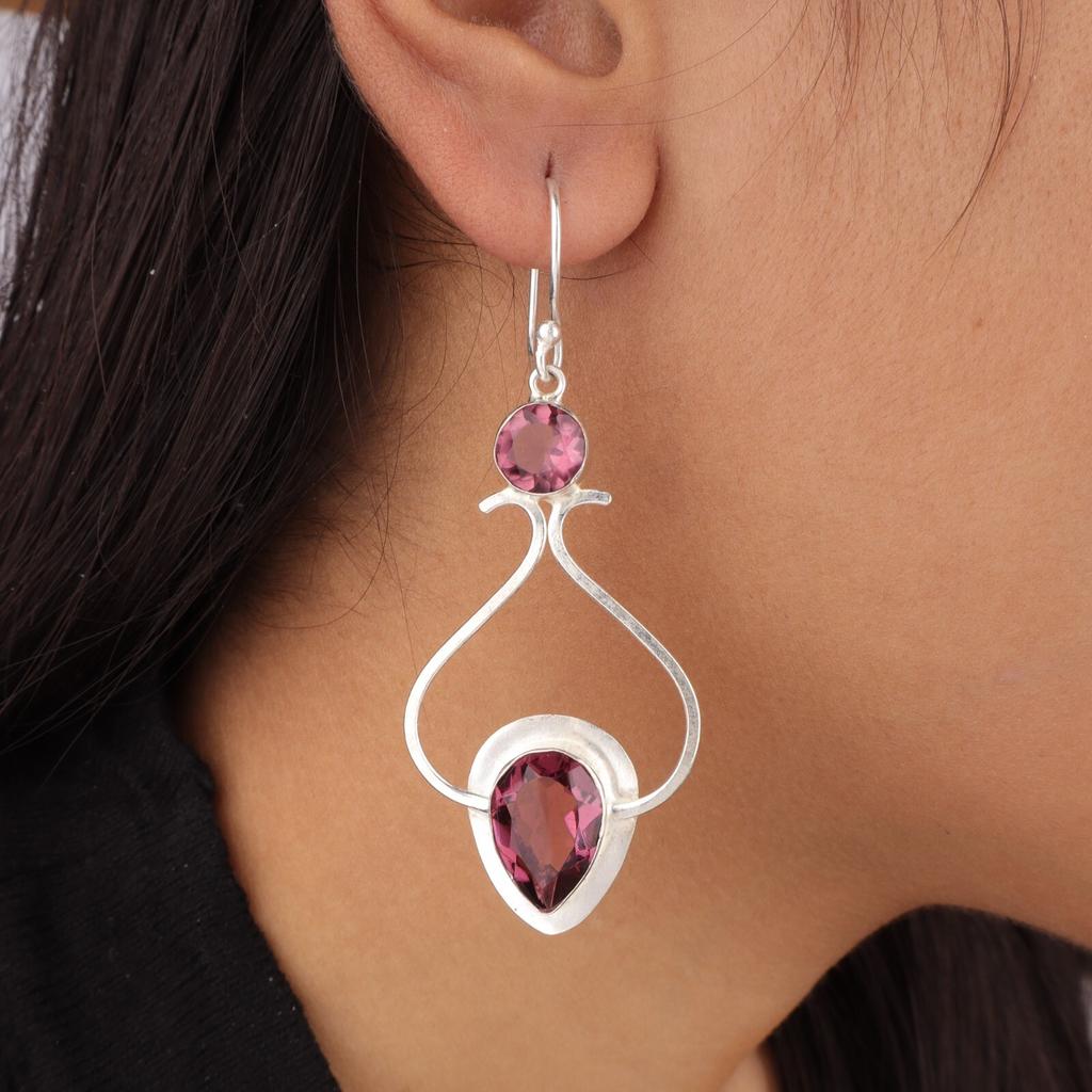 Natural Rhodolite Gemstone 925 Sterling Silver Jewelry Handmade Earrings 2.07" EE-170-3