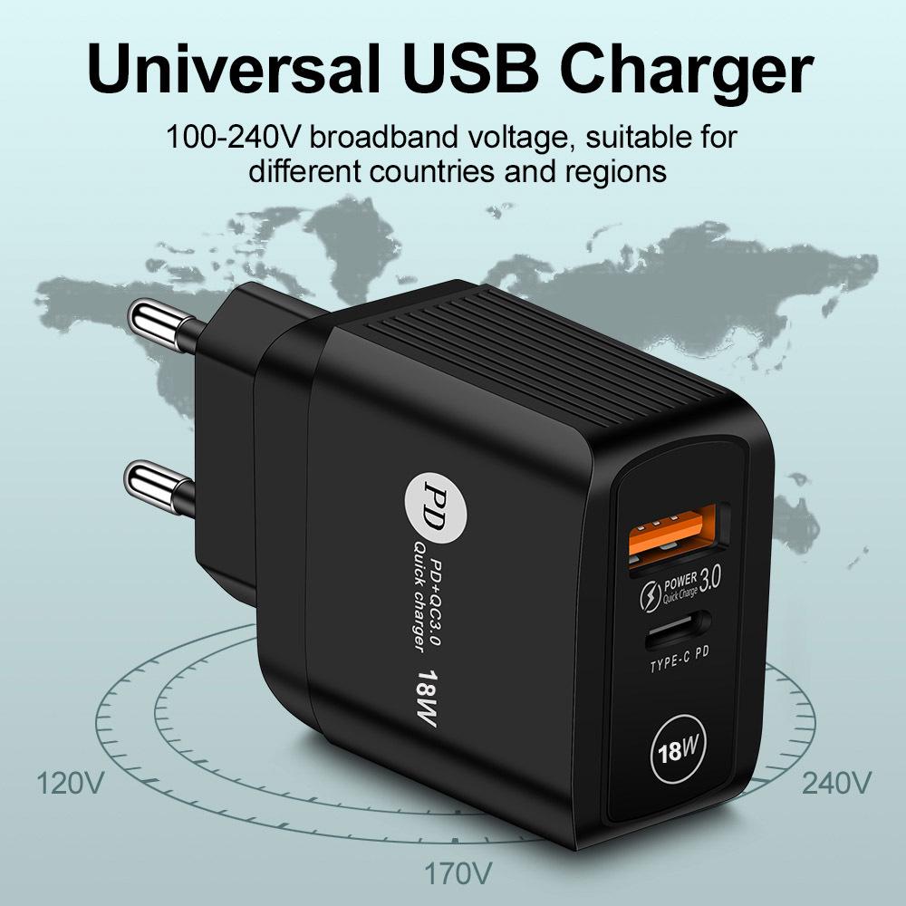 QC3.0+PD18W Fast Charger for Type-C Devices, Compatible with QC3.0 & PD18W