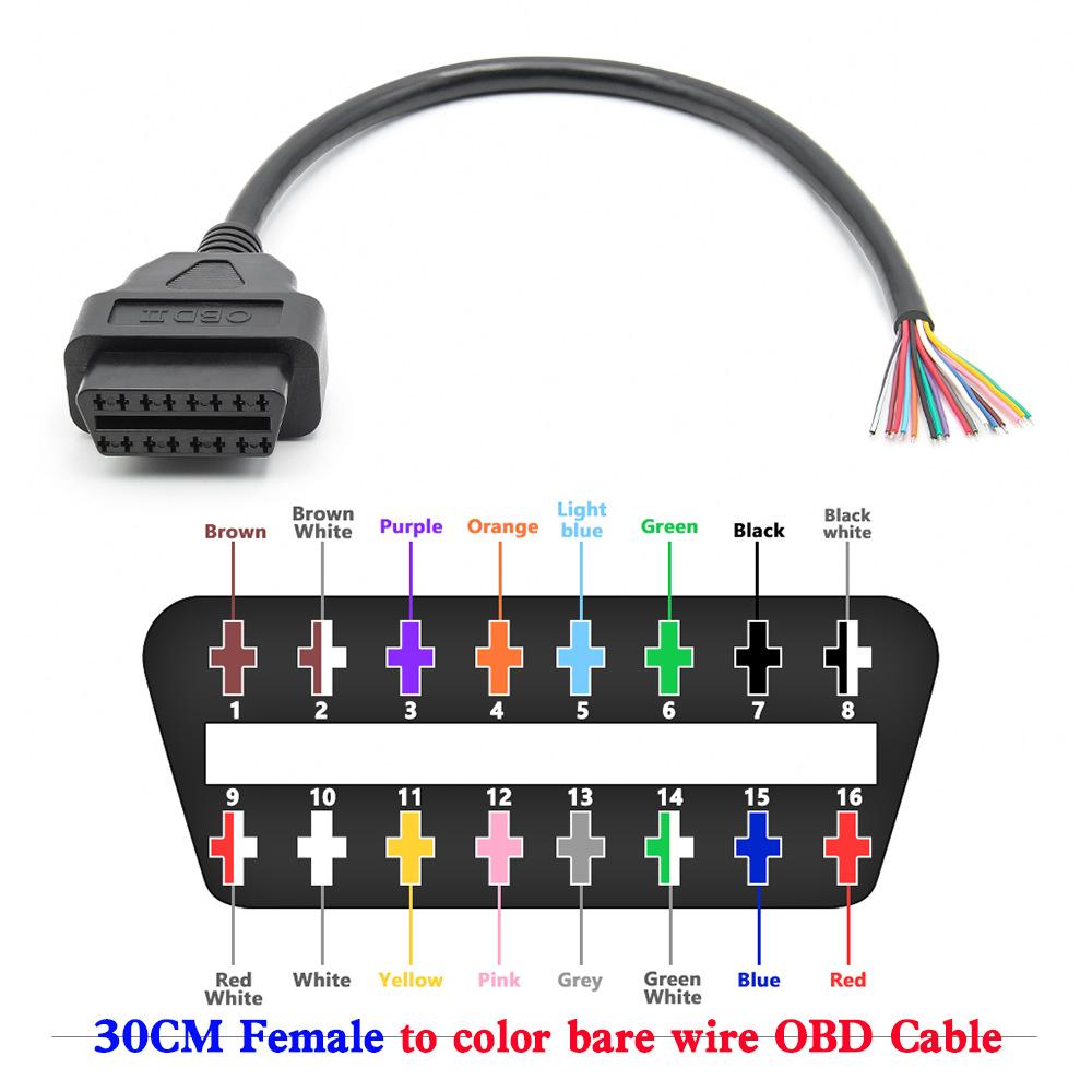 30cm 16Pin Female Male Cable Connector Universal OBD2 Extension Cable Plug Automotive Car Diagnostic Interface Female Open Cable