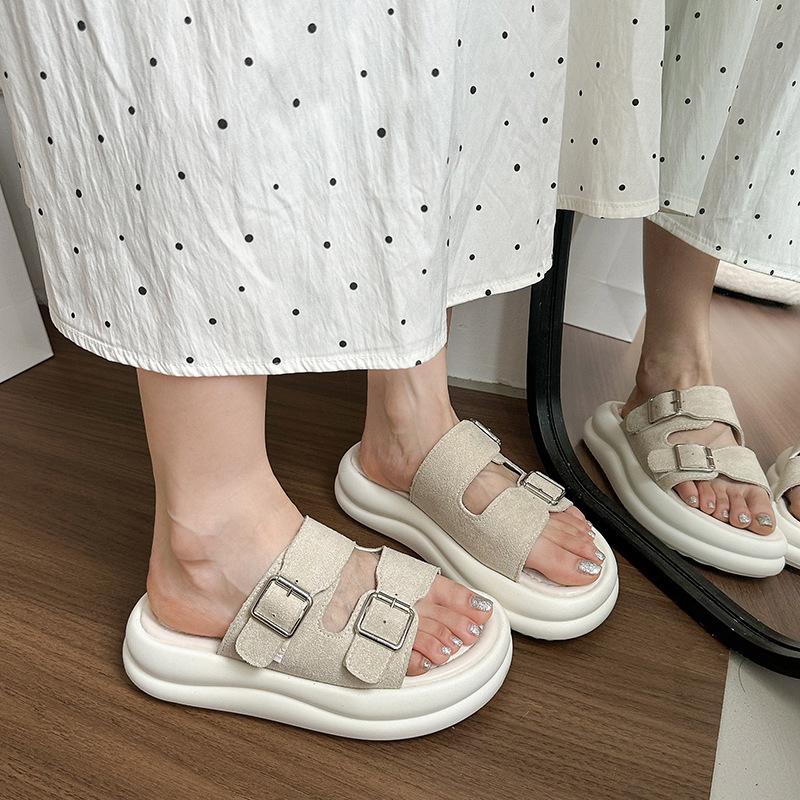 Thick bottom heightening cool slippers women's summer wear 2025 new fashion versatile muffin temperament beach one-word slippers