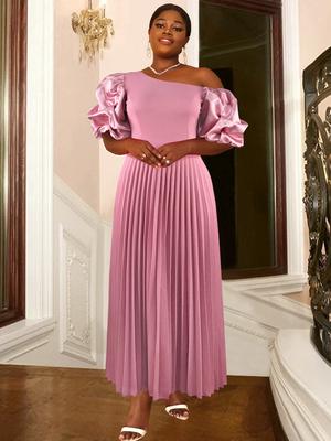 Rosa Plissee-Kleider, kurze Puffärmel, A-Linie, bodenlang, Outfits, elegant, Geburtstag, Abend, Party, Hochzeit, Brautjungfer, Übergrößen-Kleider für Damen