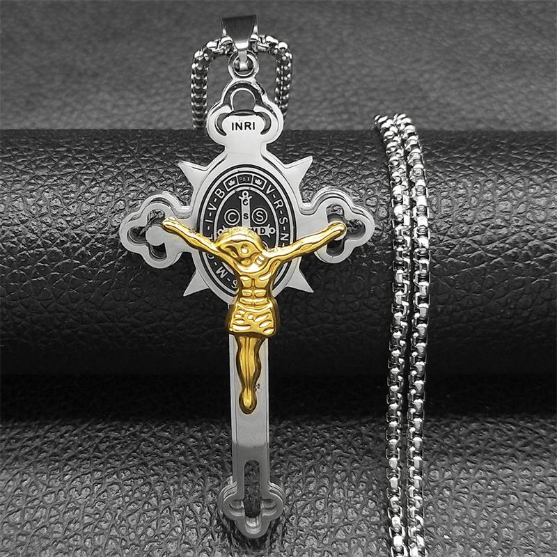 Saint Benedict Crucifix Cross Pendant Necklace for Men Women Stainless Steel CSPB INRI Jesus Crucifix Chains Jewelry NZZZ670S02