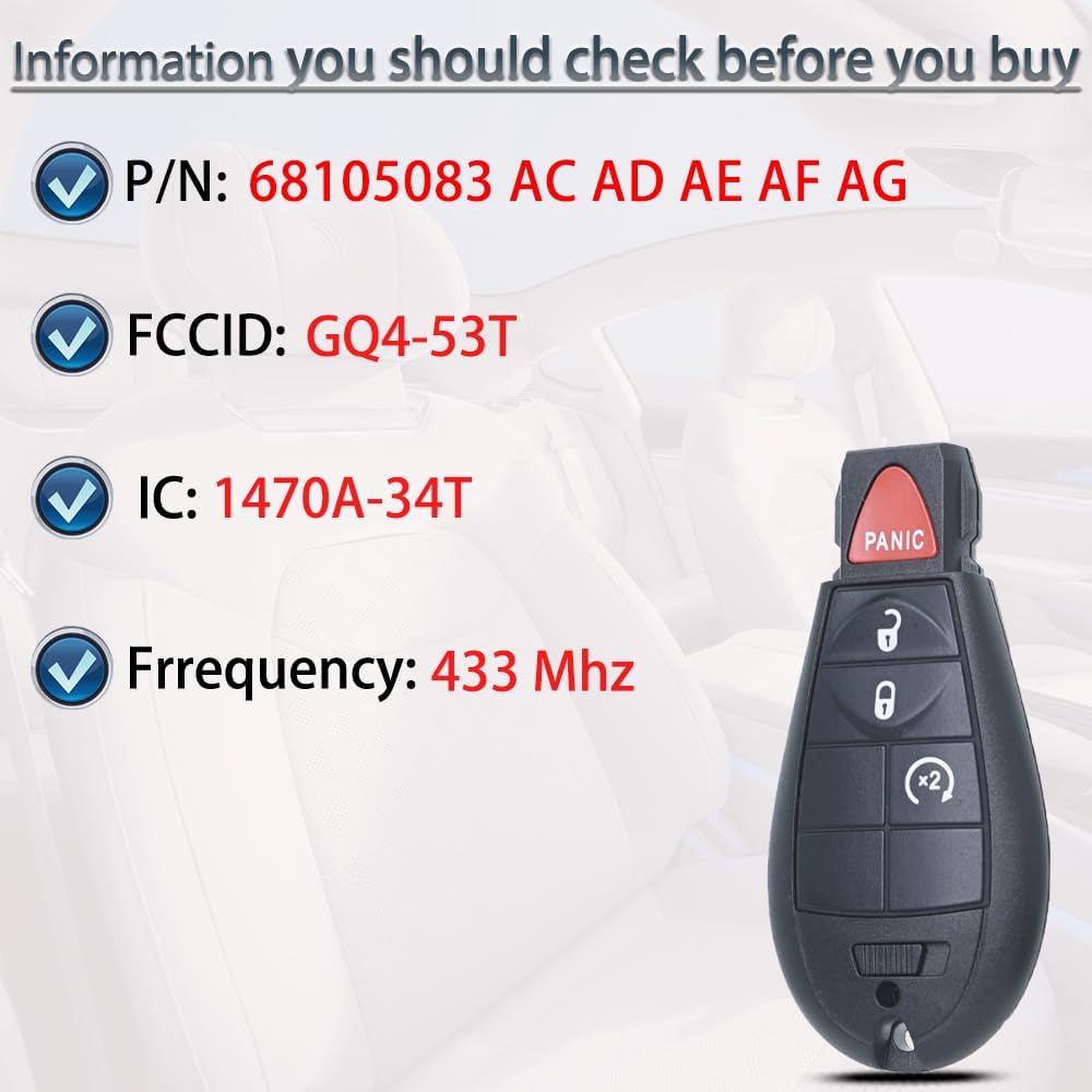 Key Fob Fits for Jeep Cherokee 2014 2015 2016 2017 2018    Keyless Entry Remote Control Key Replacement GQ4-53T 68105083 4A Chip 433MHz
