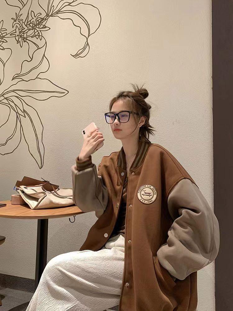 Women's Retro Baseball Jacket: Embroidered, Fleece-Lined, Thickened, Winter Outerwear, Loose Fit