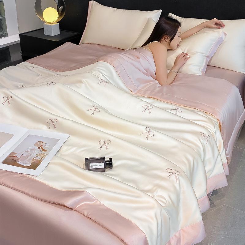 Embroidered Ice Silk Summer Quilt Set: 4-Piece, Machine Washable, Thin & Cool