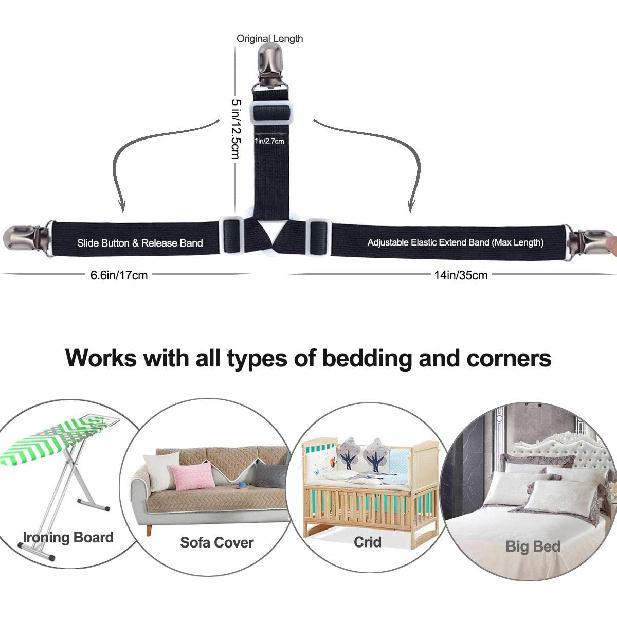 Bed Sheet Holders Straps Fasteners - 4 Pcs 3 Ways Sheet Fasteners Fitted Sheet Corner Grippers Holder Elastic Adjustable Sheet Clip Hooks Suspenders