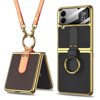 Mit Lanyard für Samsung Galaxy Z Flip 4 5g Flip4 Hülle Fingerring-Beschichtung Rückabdeckung Kunststoff Rückkameraobjektiv Gehärtetes Glas