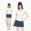 Korean Beige Doll Collar U-neck Front Shoulder Short-sleeved T-shirt Women's Summer New Slim-fitting and Thin Simple Versatile Top