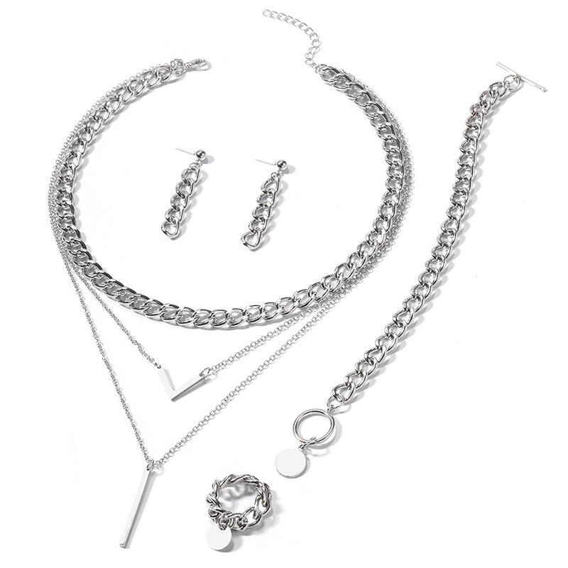 Accessories Simple Thick Chain Metal Wind Bracelet Ring Multi-layer Necklace Earrings Set Street Vintage