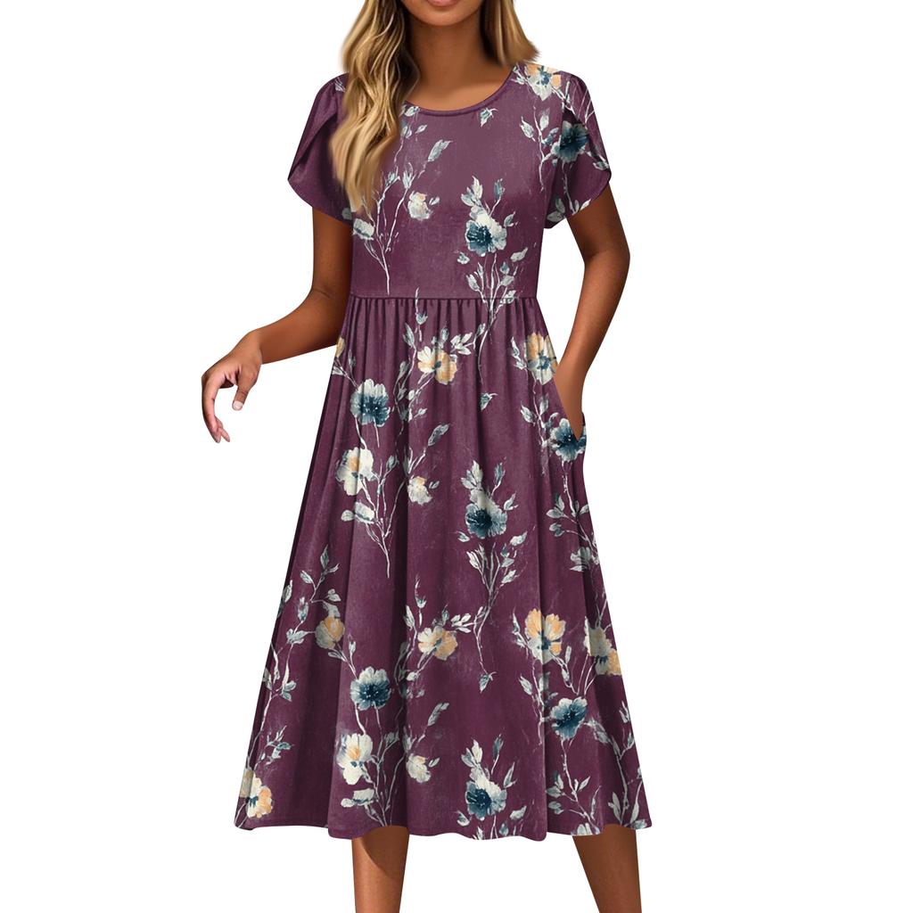 Women's Fashion Casual Loose Floral Print Round Neck Pocket Short Sleeve Dress