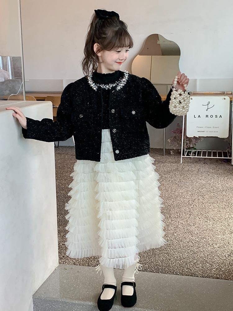 Girls' Autumn Pearl Collar Mesh Vest Princess Dress Set - 2025