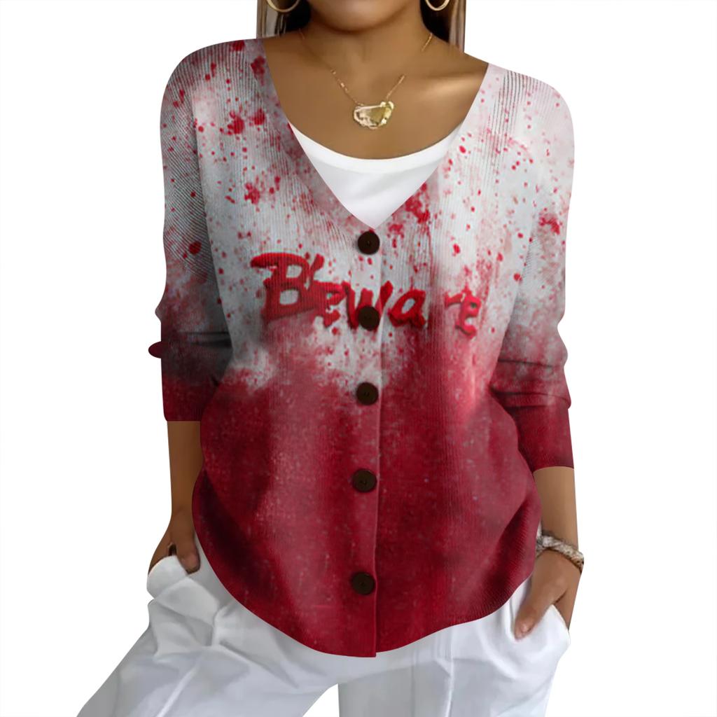 Women's Fashion Casual Knit Sweater Button-Up Halloween Printed  Cardigan Jacket