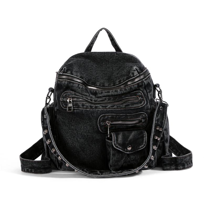 Vintage Denim Backpack Rivet Shoulder Bag Student Schoolbag Class Commuter Backpack