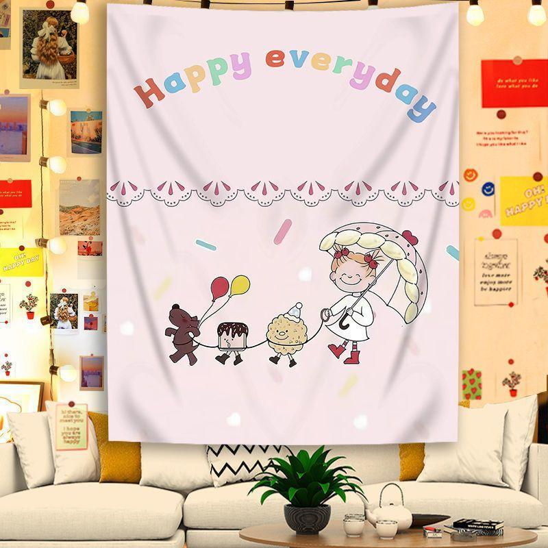 Happy Everyday Tapestry Wall Hanging Cute Girl Umbrella Balloon Cartoon Quote Aesthetic Wall Art Bedroom Dorm Room Decor