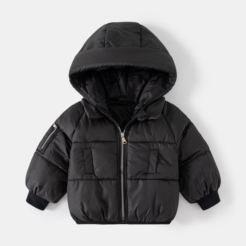 Korean-Style Winter Thickened Solid Color Hooded Zipper Children s Clothing Black 110 cm
