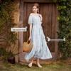 Xiangying 'Flower Whisper' Blue Tie-Dye Off-Shoulder Bubble Sleeve Midi Dress