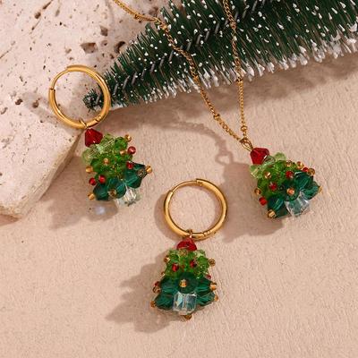 Handmade Crystal Christmas Tree Earrings and 18K Gold Plated Necklace Set