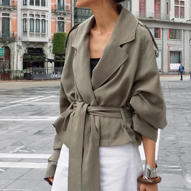 Light Gray Green Short Trench Coat with Belt and Stand Collar