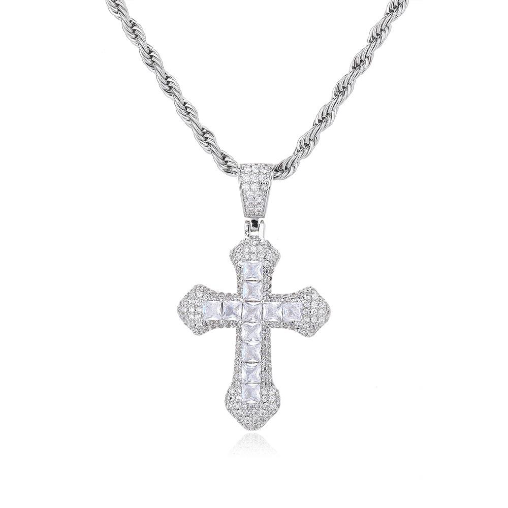 European and American personalized color zirconium cross necklace men s hip-hop full diamond zircon pendant necklace jewelry women s versatile