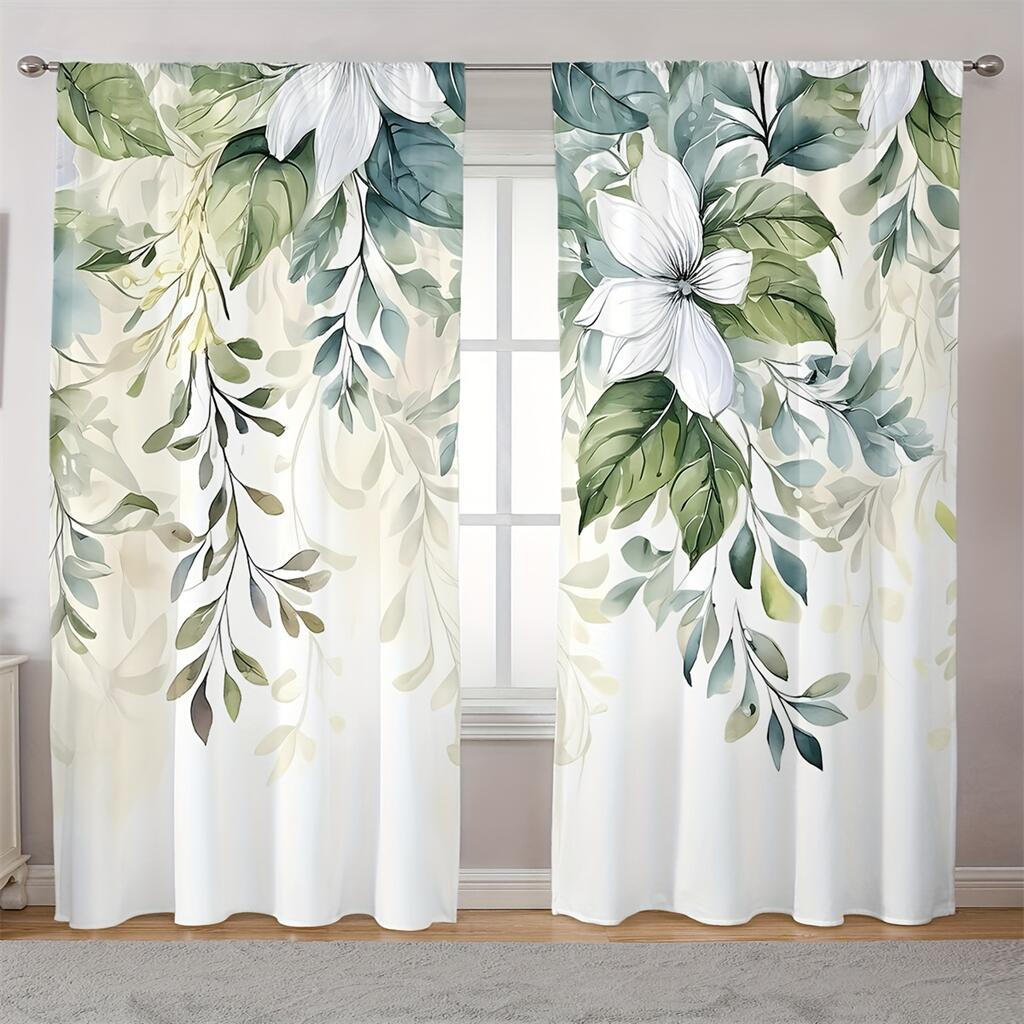 Nordic Fresh Green Leaves Print Curtains Modern Botanical Window Drapes 2 Panels Living Room Bedroom Curtains
