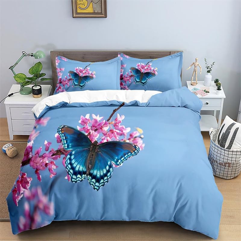 Butterfly Floral Duvet Cover Twin Queen for Kids Girls Boys,Wild Animal Butterflies Bedding Set,Rustic Farmhouse Comforter Cover