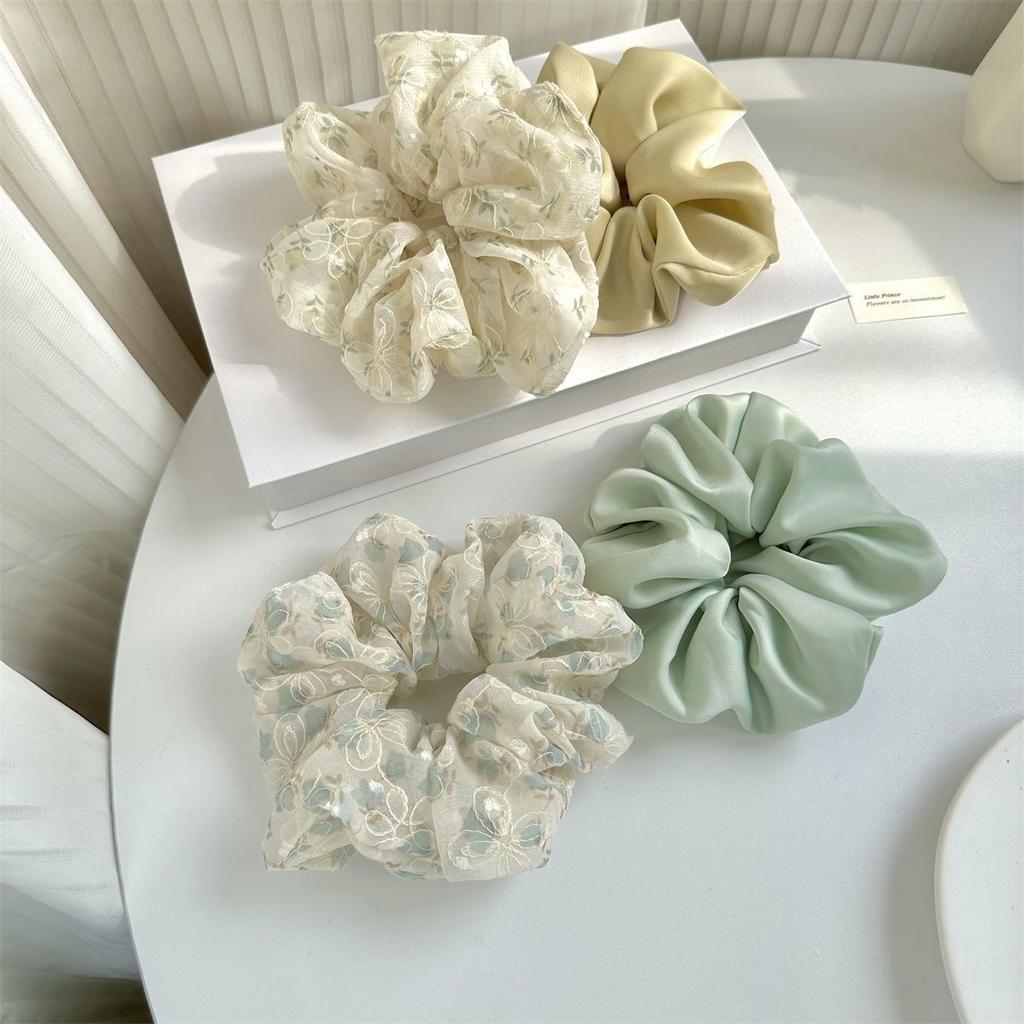 2 Stück/Set Übergroße Satin-Scrunchies Spitze Blumenstickerei Haargummis Seile Mädchen Luxus Pferdeschwanzhalter Spitze Fee Gummibänder