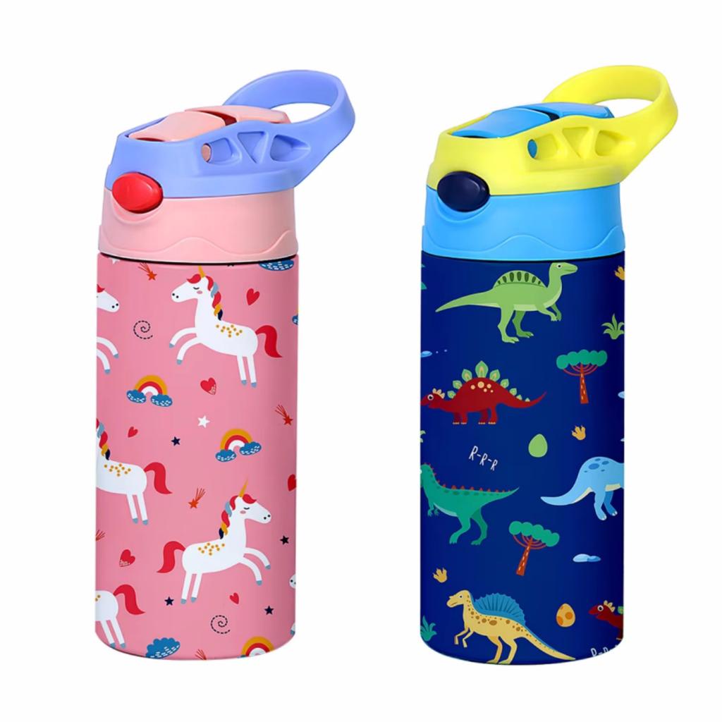 350ml Cartoon-Muster Vakuumbecher Kinder Isolierte Wasserflasche Niedliches Tier Stroh Thermoskanne Handgehaltene Kanne für Outdoor Schule