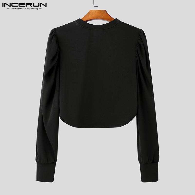 INCERUN Men Long Puff Sleeve Mesh Sheer Patchwork Crop Tops T-Shirts