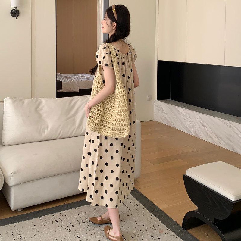 2024 Chic French Maternity Polka Dot Midi Dress with Puff Sleeves