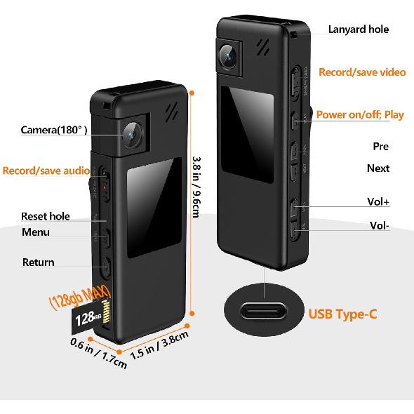 A32 128GB Tělová kamera, Přenosná tělová kamera s otočným objektivem o 180° a detekcí pohybu, 1080P videokamera s nahráváním zvuku a videa pro venkovní použití