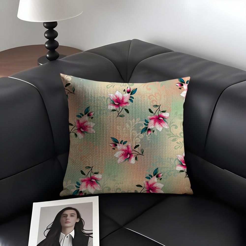 Classic Floral Print Elegant Cushion Cover Natural Linen Organic Fabric Double-Sided Printing Sofa Home Decor Gift Pillow Case