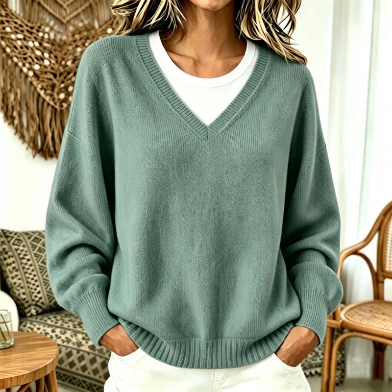 2026 Fall Womens Knit Sweater Casual V-Neck Fake Two-Piece Loose Drop Shoulder Long Sleeve