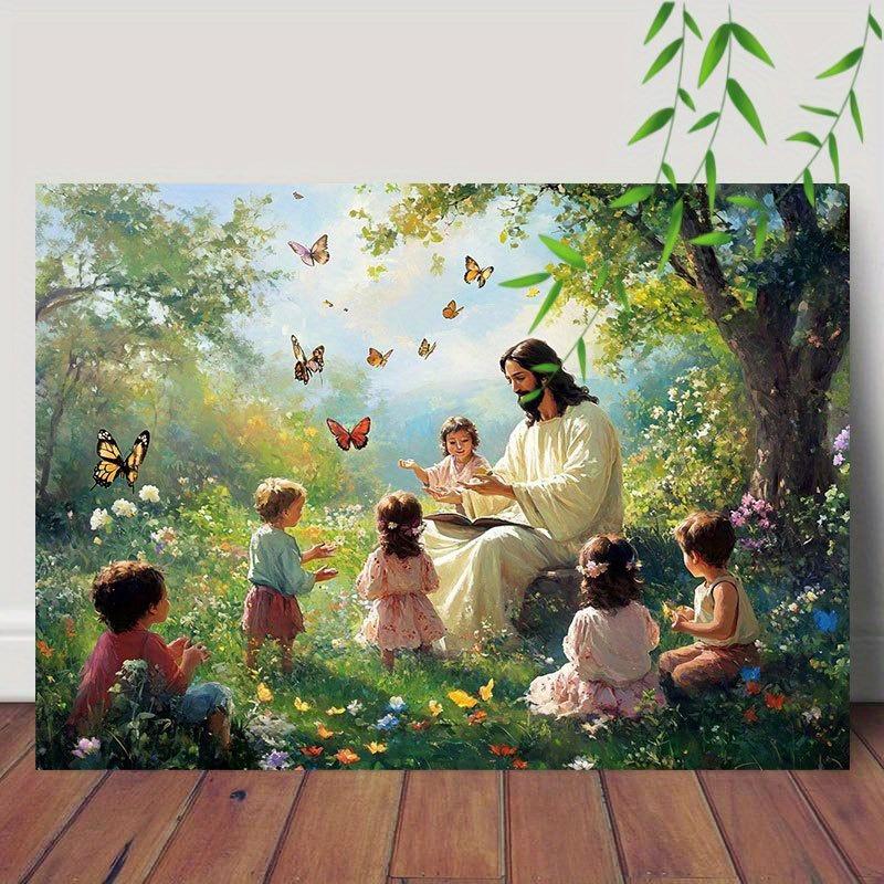Canvas Painting And Children in Garden with Butterflies Art Prints Wall for Bedroom Home Decor Nature Scenery Religious Canvas Print Poster Picture