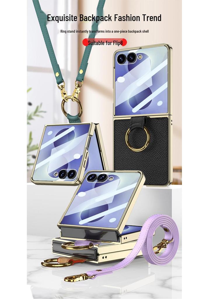 Samsung Z Flip 8 Electroplated Retro Leather Case with Lanyard and Ring Holder