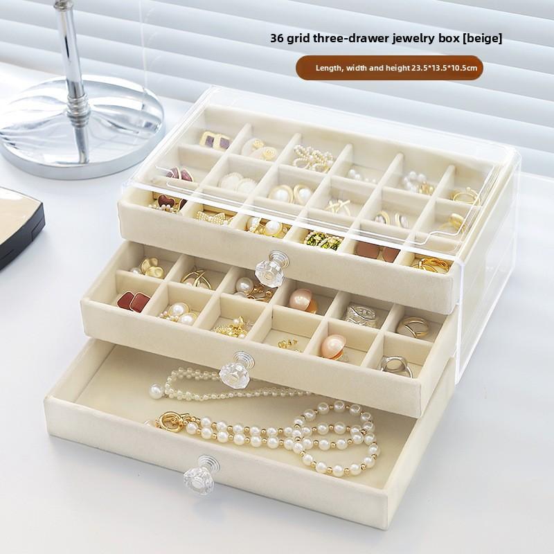 Three-layer Flannel Jewelry Storage Box, Earrings, Earrings, Storage Box, Jewelry Dust-proof Drawer Jewelry Box Storage