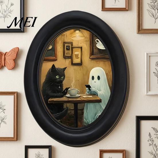 Easy Install Adhesive Wall Sign Halloween Gothic Oval Wooden Hanging Plaque, Vintage Framed Black Cat Little Party Background Ghost Sign, Waterproof