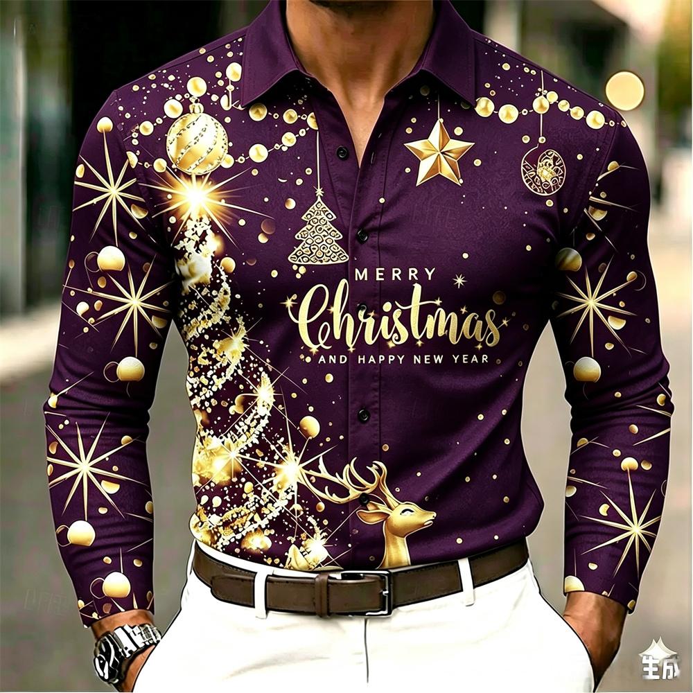 Christmas Men's Elk Christmas Tree Collar Long Sleeve Casual Outdoor Day Wear Festival Wear Button Spring and Autumn Winter Clo