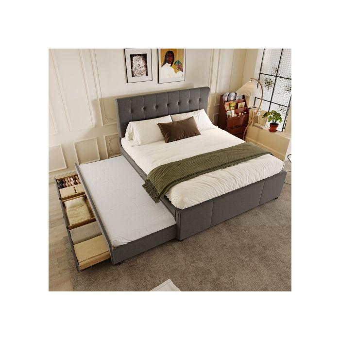 Lit rembourré - MUVOE - 140x200cm - Tête de lit réglable - 3 tiroirs - Gris