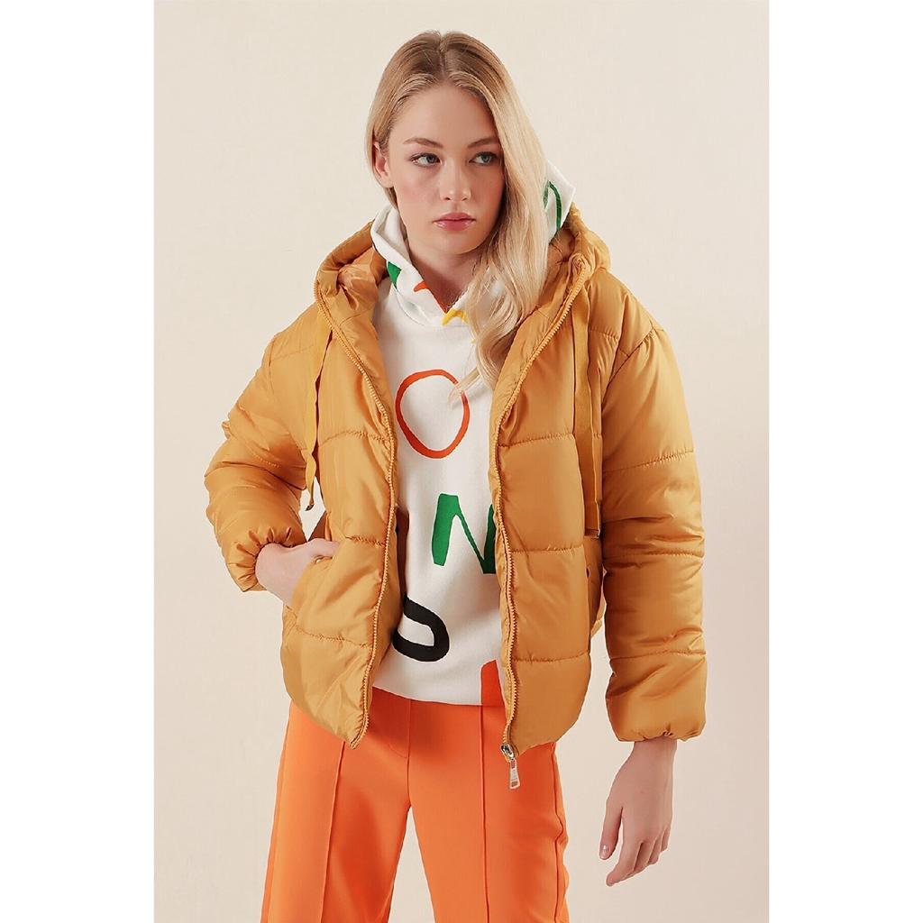 Schwarzer Puffermantel mit Kapuze und Tunnelzug für Damen Hzl22w-bd151171